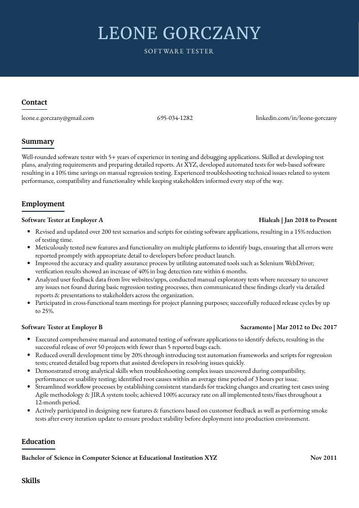 Software Tester Resume