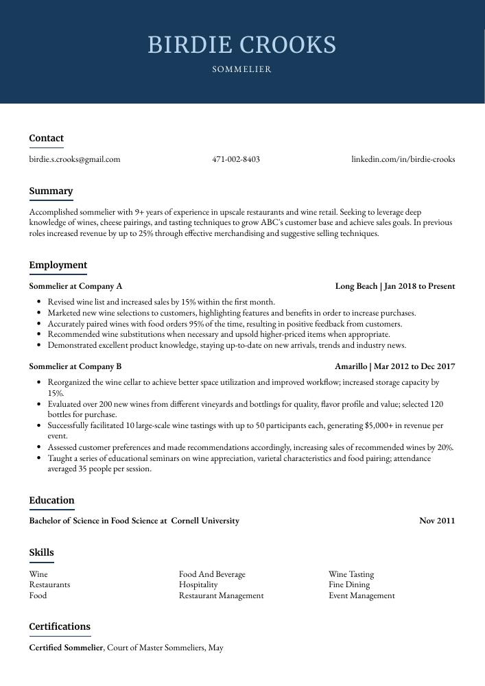 Sommelier Resume