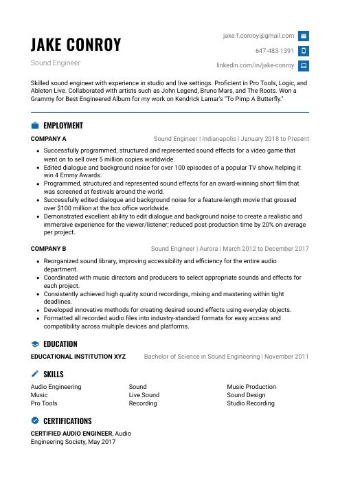Sound Engineer Resume (CV) Example and Writing Guide