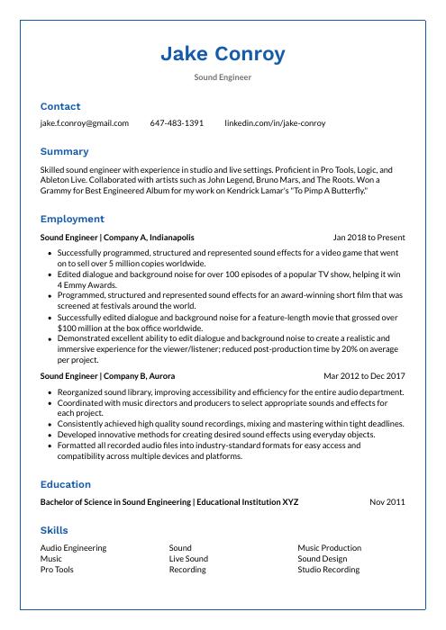 Sound Engineer Resume CV Example And Writing Guide   Sound Engineer Resume Template Markhor 