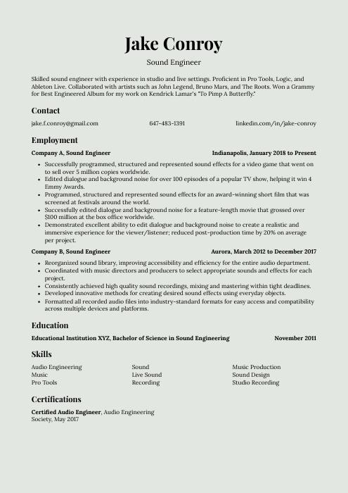 Sound Engineer Resume CV Example And Writing Guide   Sound Engineer Resume Template Saola 