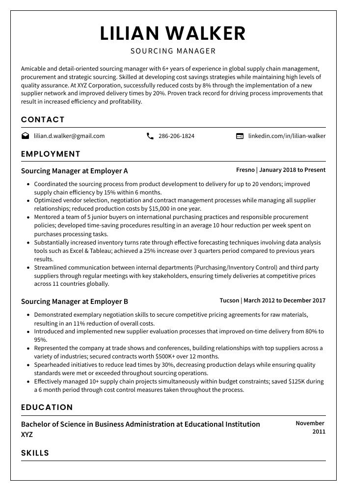 Sourcing Manager Resume