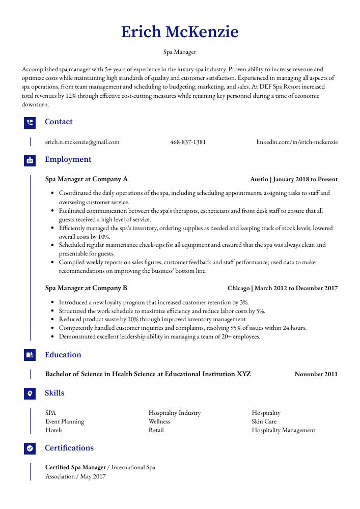 Spa Manager Resume CV Example And Writing Guide