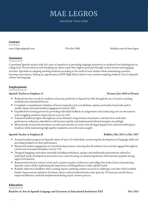 Spanish Teacher Resume CV Example And Writing Guide   Spanish Teacher Resume Template Bonobo 