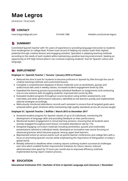 Spanish Teacher Resume CV Example And Writing Guide   Spanish Teacher Resume Template Hoopoe 