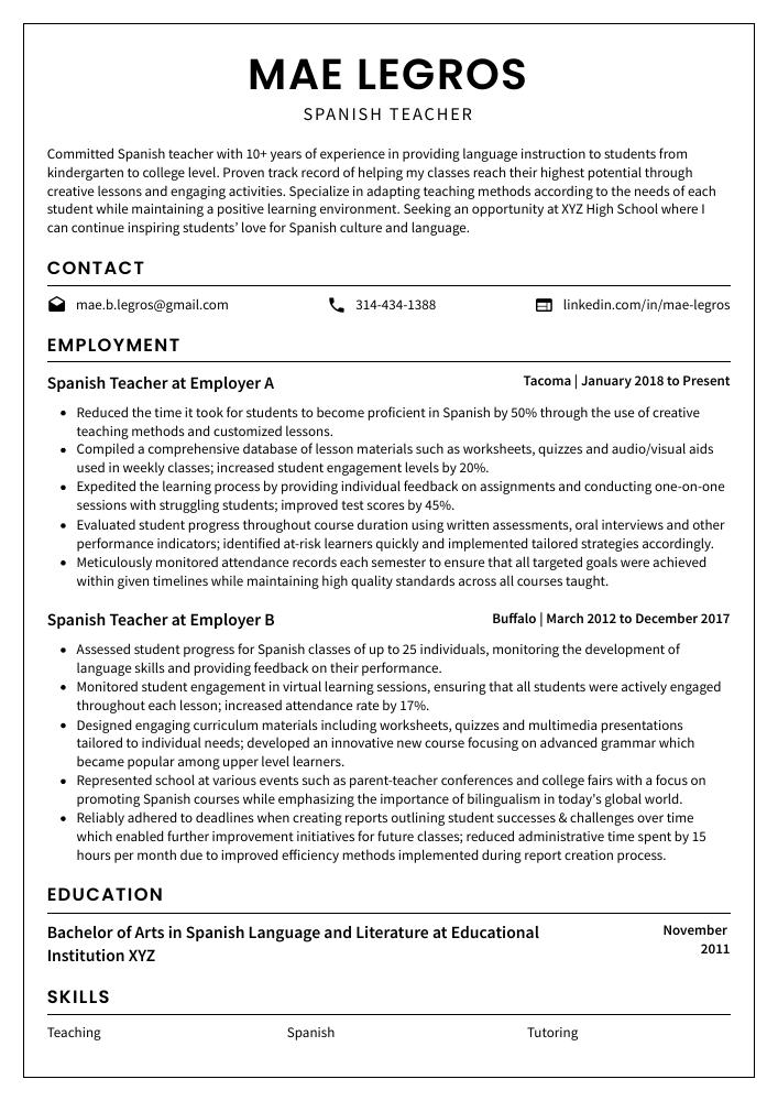 Spanish Teacher Resume