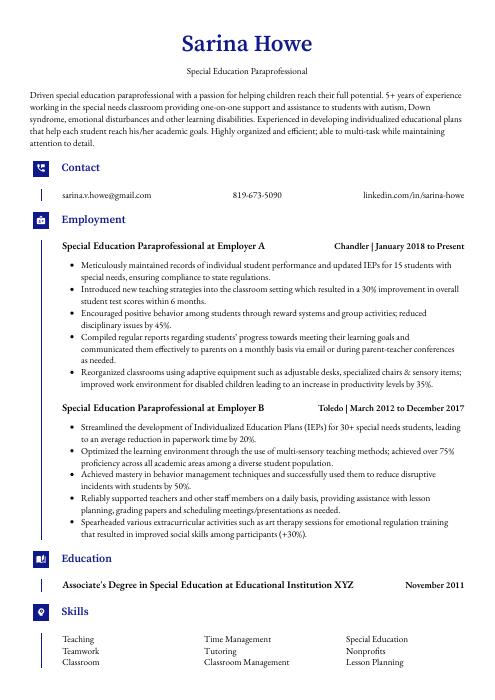 resume examples for special education paraprofessional