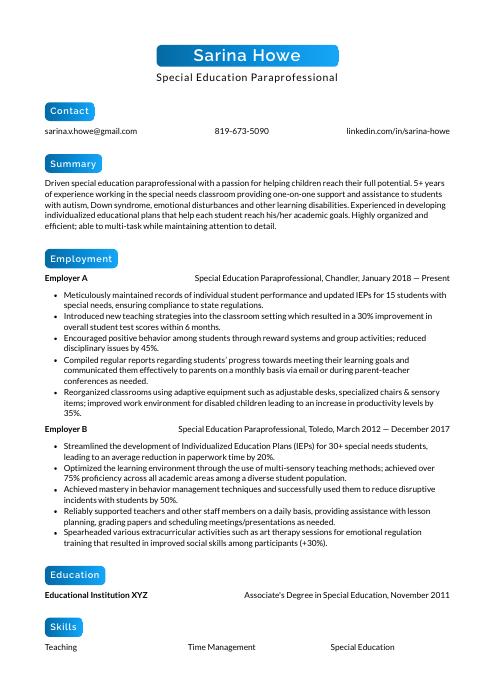 resume examples for special education paraprofessional