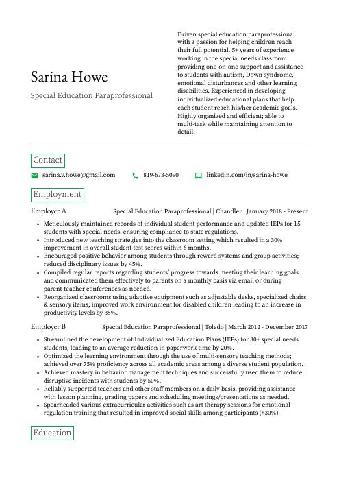 resume examples for special education paraprofessional