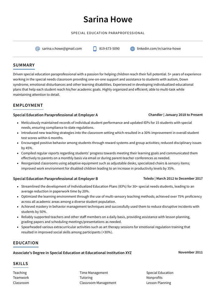 Special Education Paraprofessional Resume