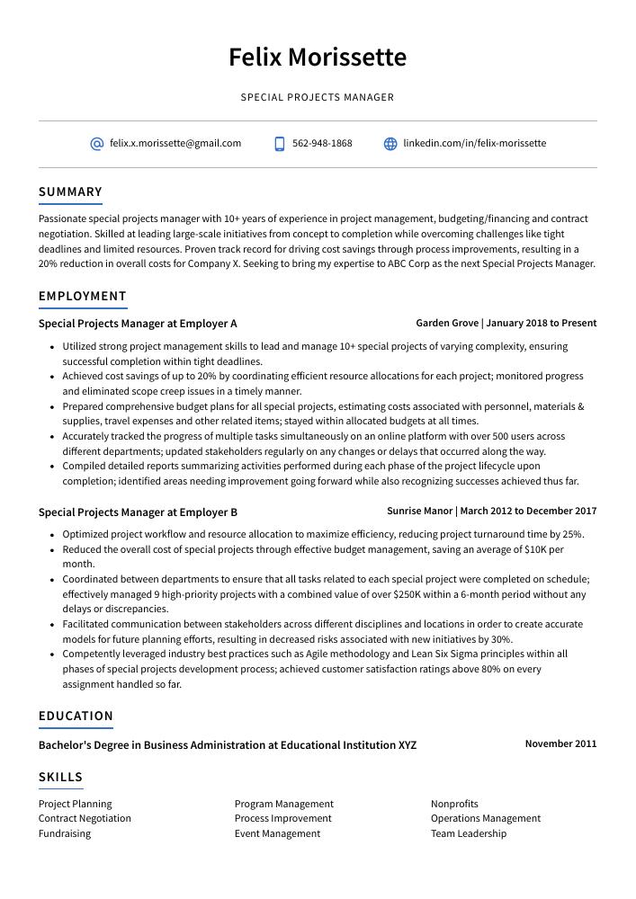 Special Projects Manager Resume