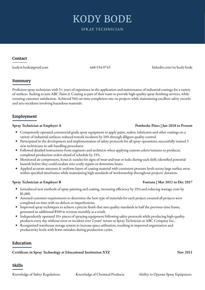 Spray Technician Resume