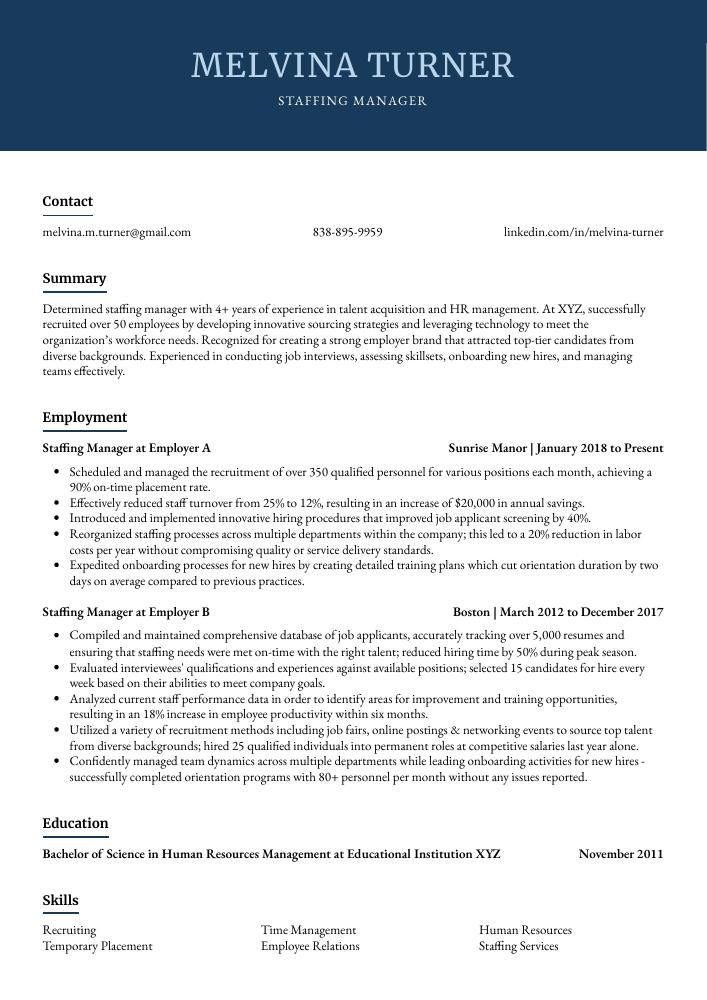 Staffing Manager Resume (CV) Example and Writing Guide