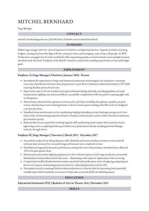 Stage Manager Resume (CV) Example and Writing Guide