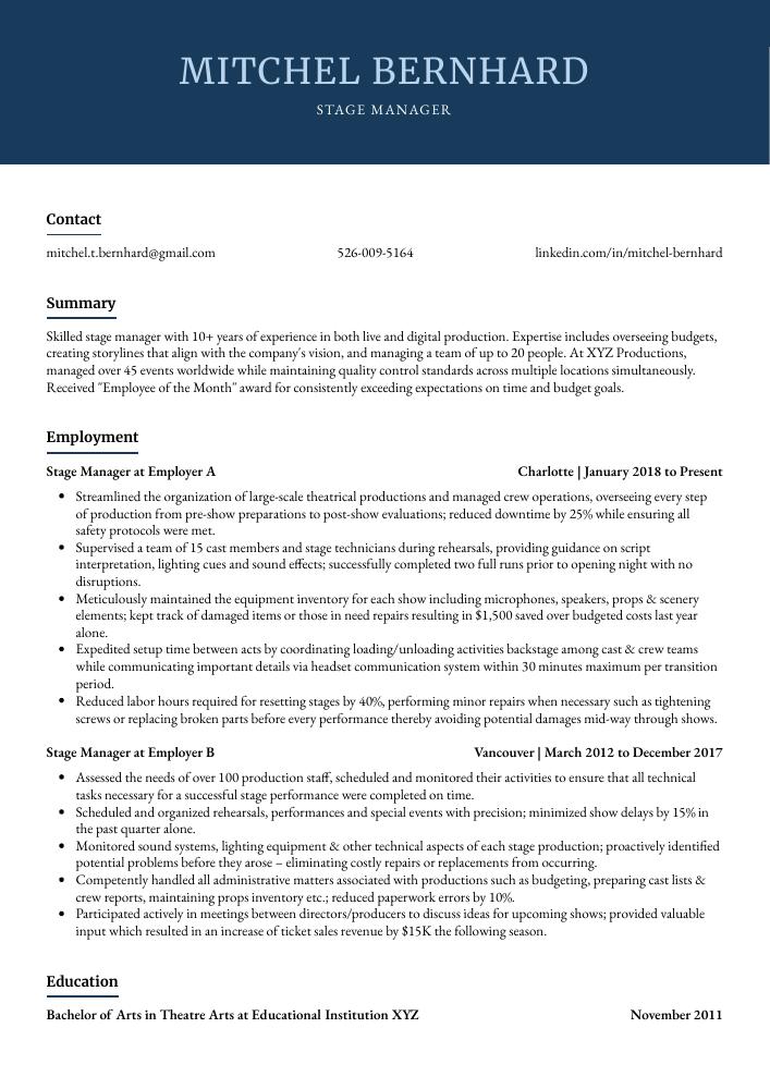 Stage Manager Resume