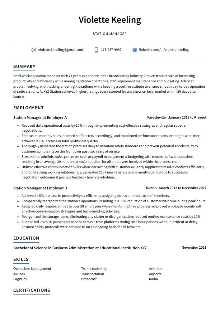 Station Manager Resume