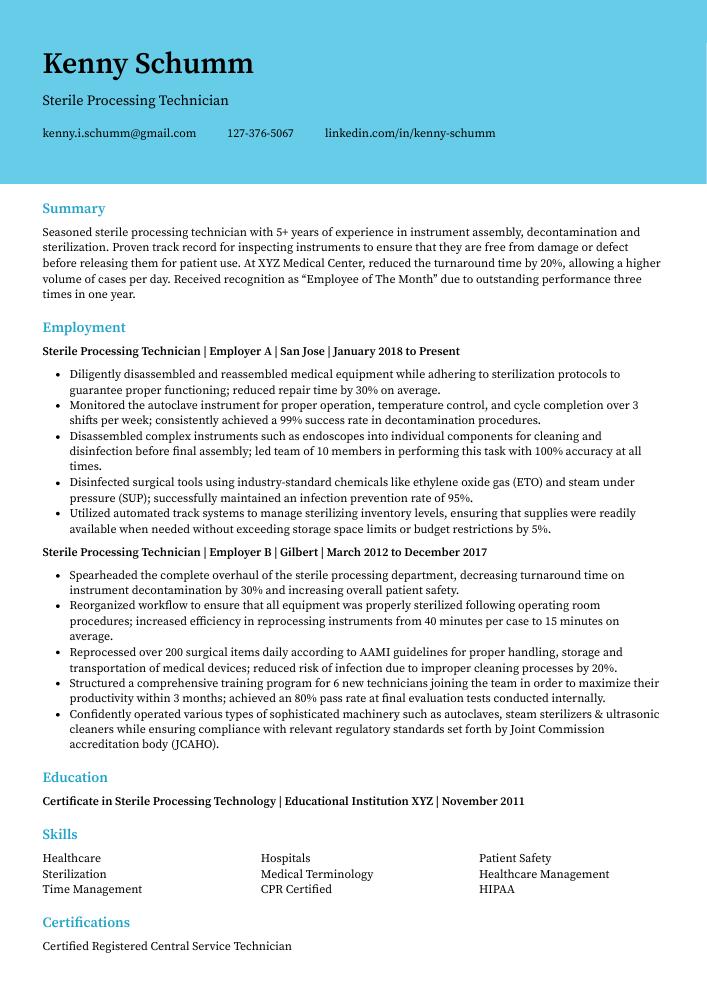 Sterile Processing Technician Resume (CV) Example and Writing Guide