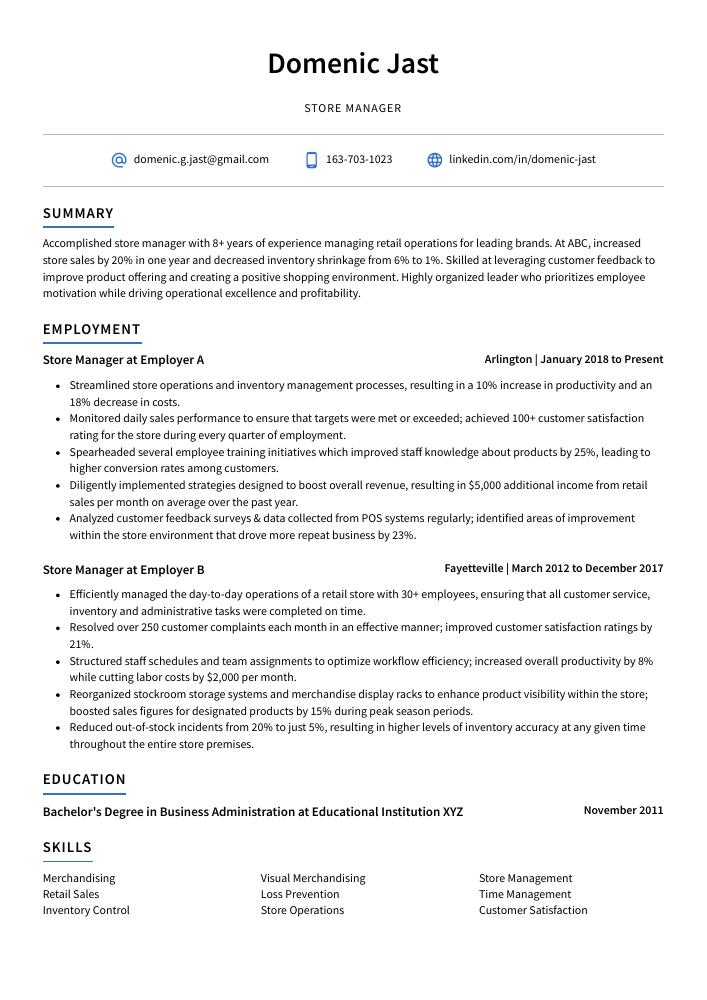 Store Manager Resume