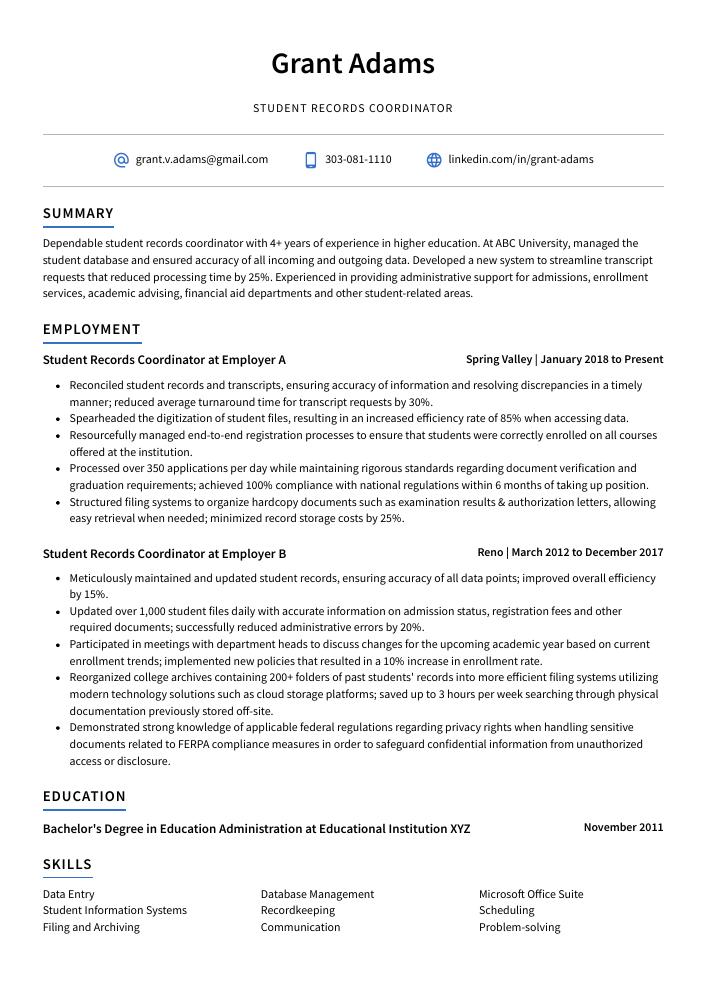 Student Records Coordinator Resume