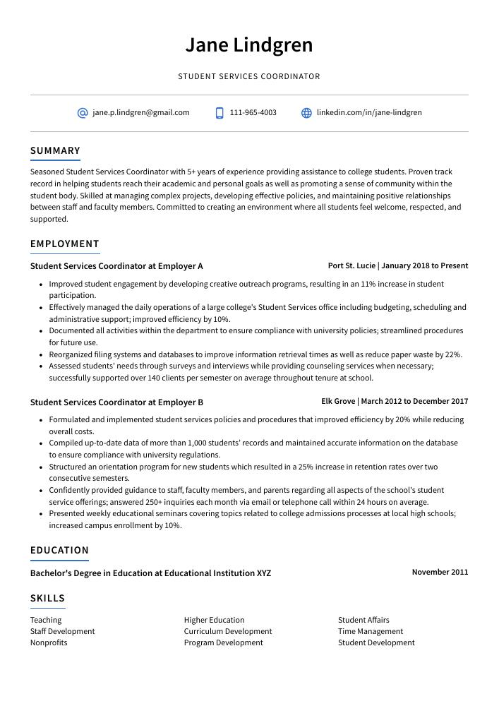 Student Services Coordinator Resume