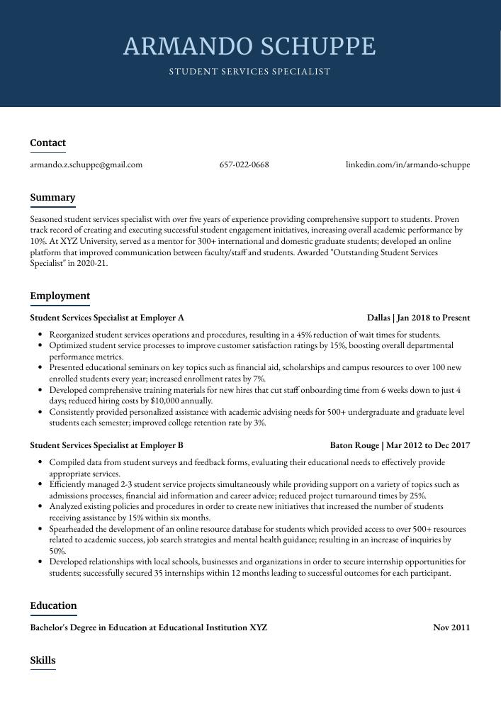 Student Services Specialist Resume