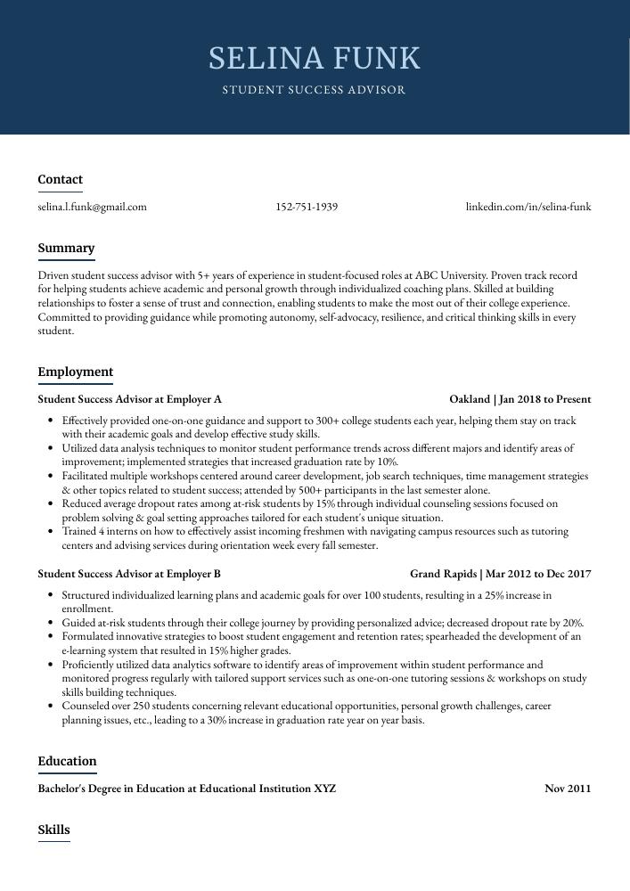 Student Success Advisor Resume