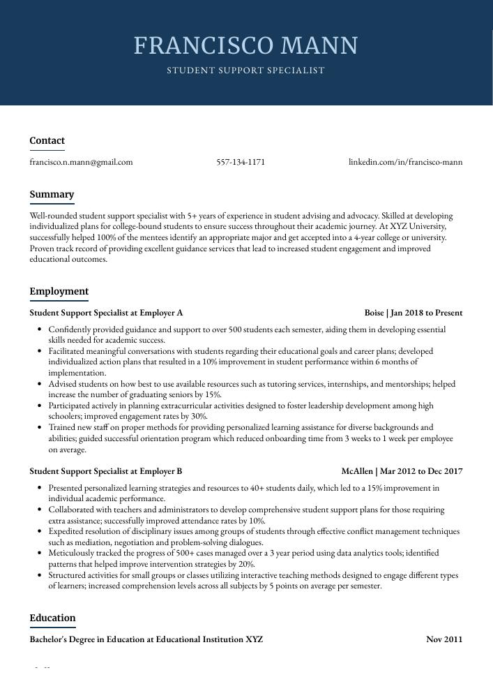 Student Support Specialist Resume