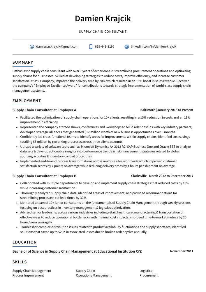 Supply Chain Consultant Resume