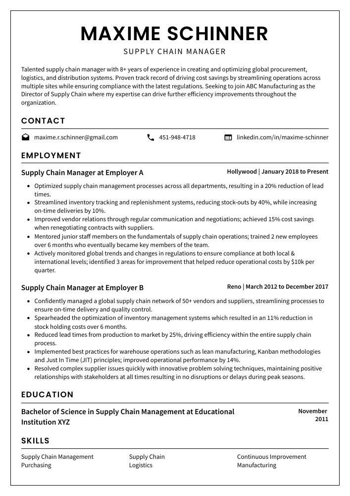 Supply Chain Manager Resume