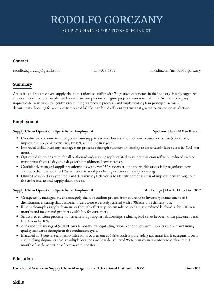 Supply Chain Operations Specialist Resume