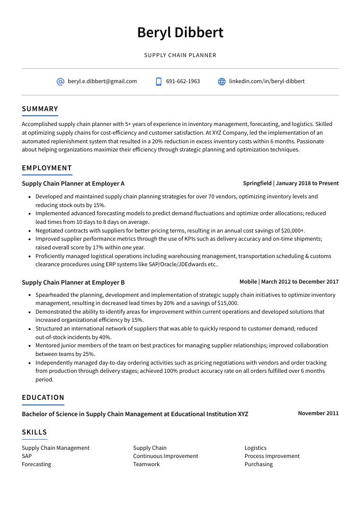 Supply Chain Planner Resume