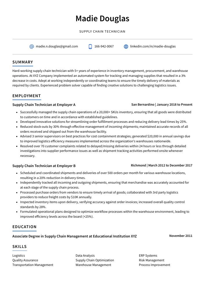 Supply Chain Technician Resume