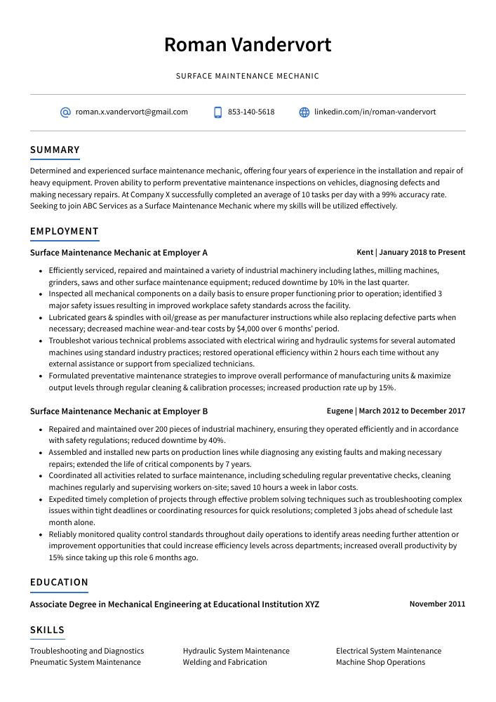 Surface Maintenance Mechanic Resume