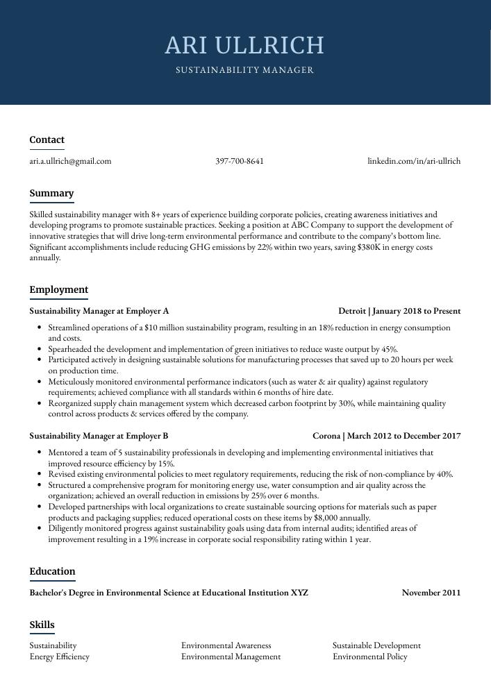 Sustainability Manager Resume