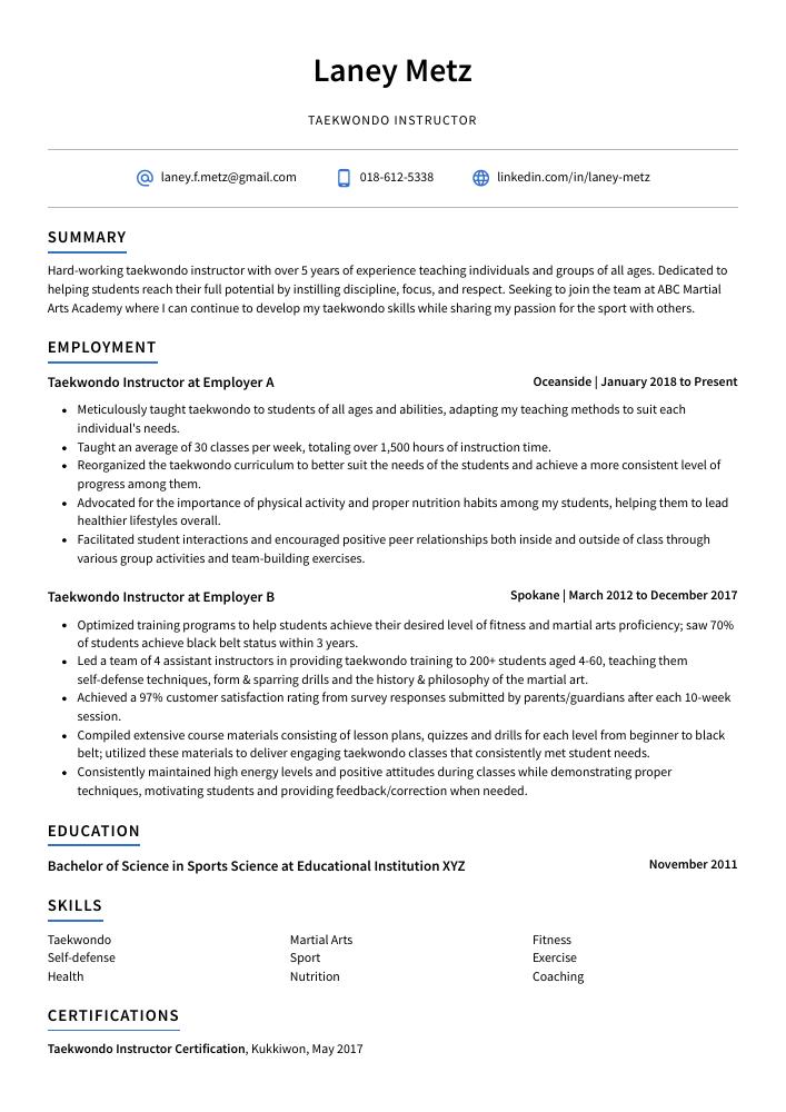 Taekwondo Instructor Resume