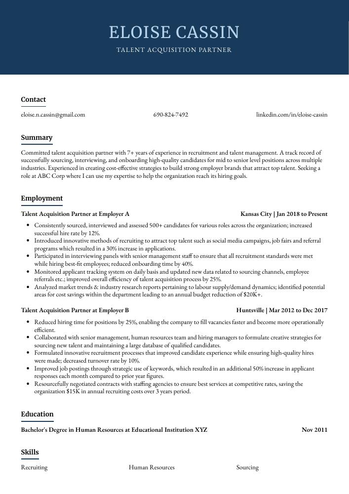 Talent Acquisition Partner Resume