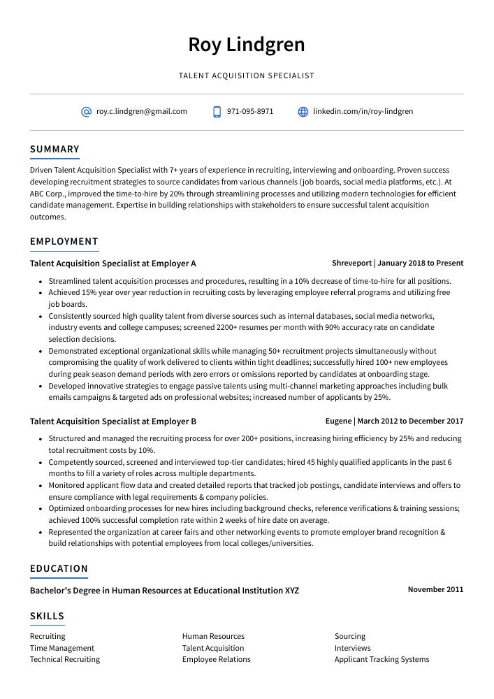 Talent Acquisition Specialist Resume