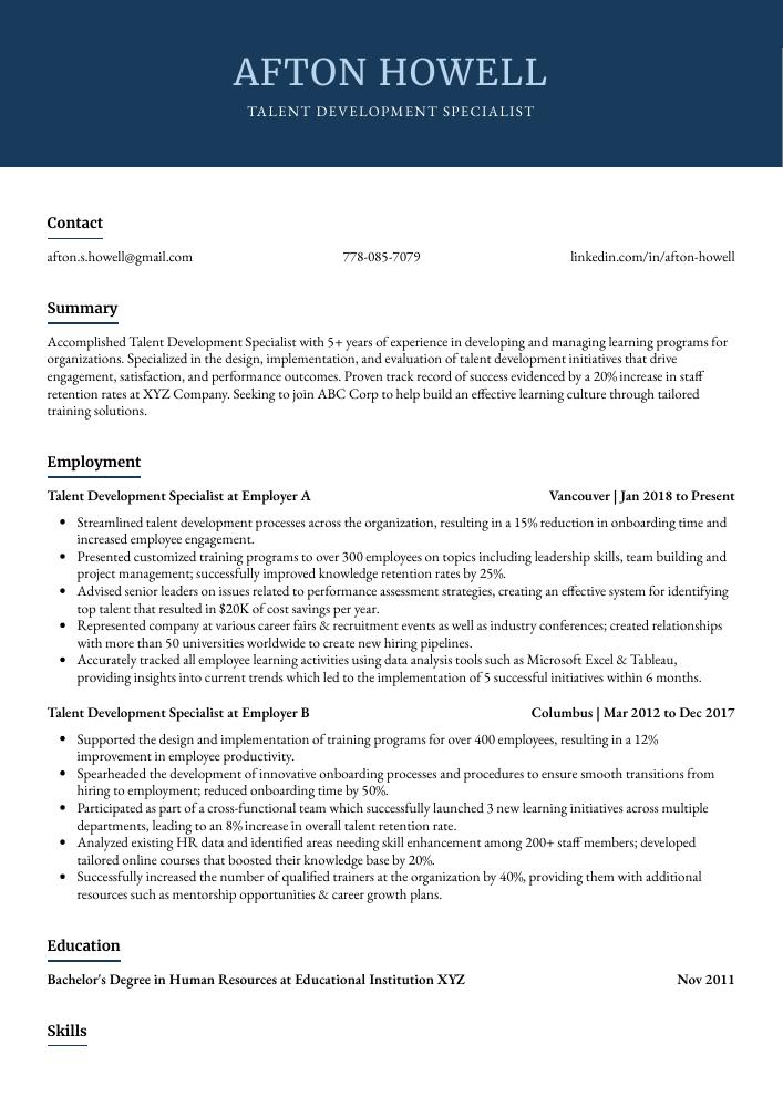 Talent Development Specialist Resume