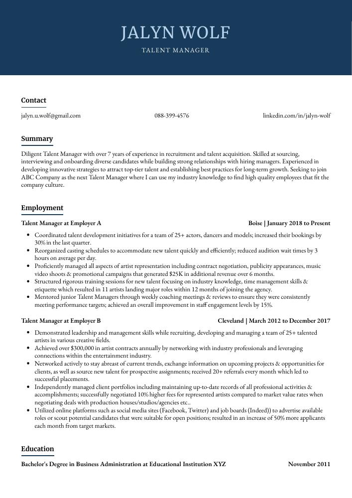 Talent Manager Resume