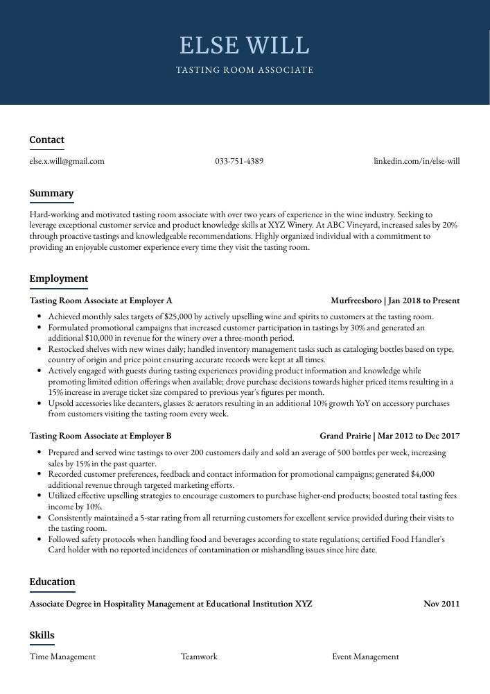 Tasting Room Associate Resume