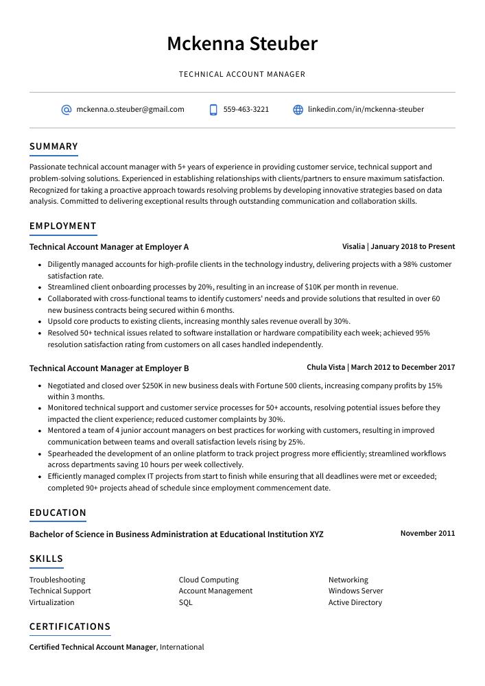 Technical Account Manager Resume (CV) Example and Writing Guide