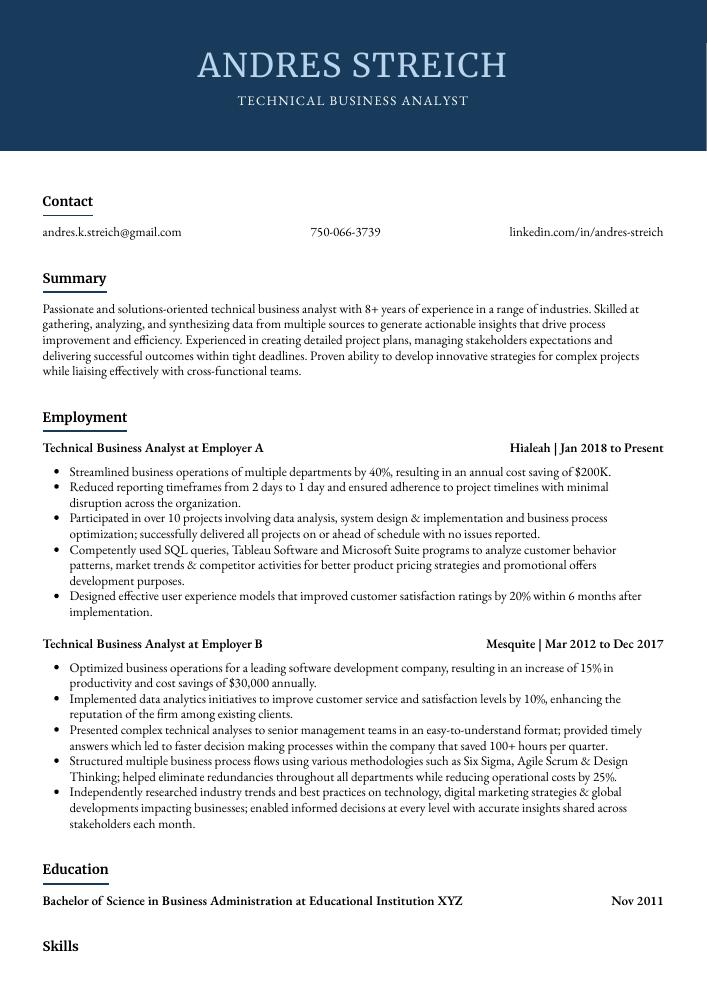 Technical Business Analyst Resume