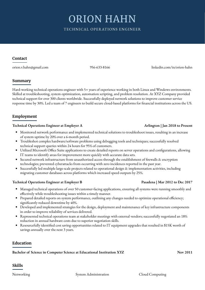 Technical Operations Engineer Resume