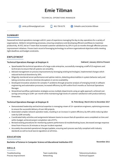 Technical Operations Manager Resume (CV) Example and Writing Guide