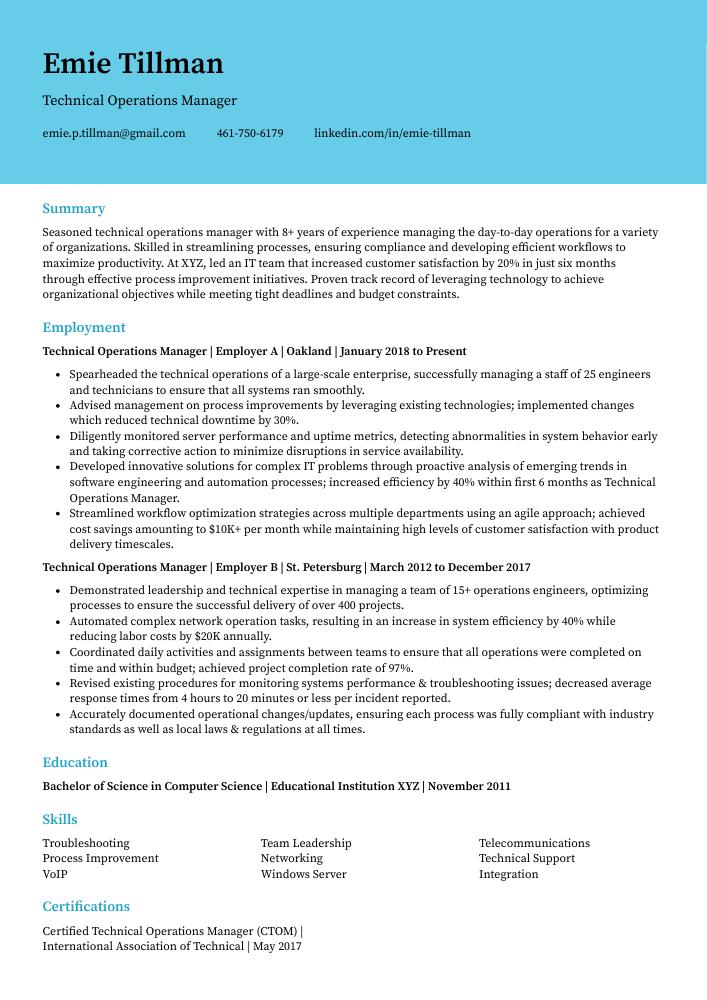 Technical Operations Manager Resume