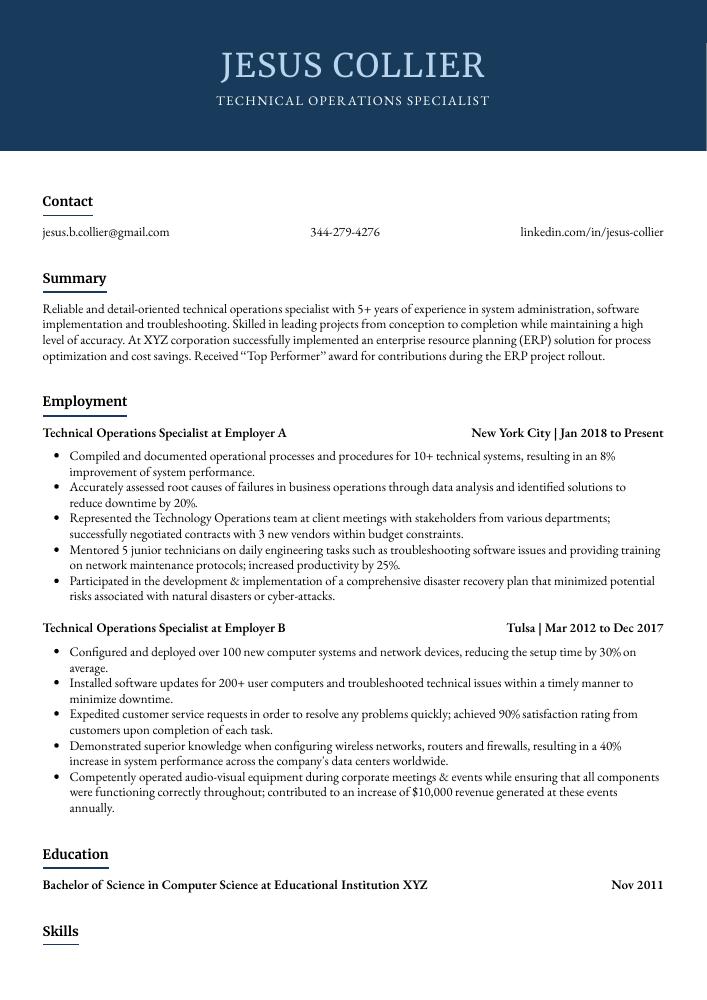 Technical Operations Specialist Resume