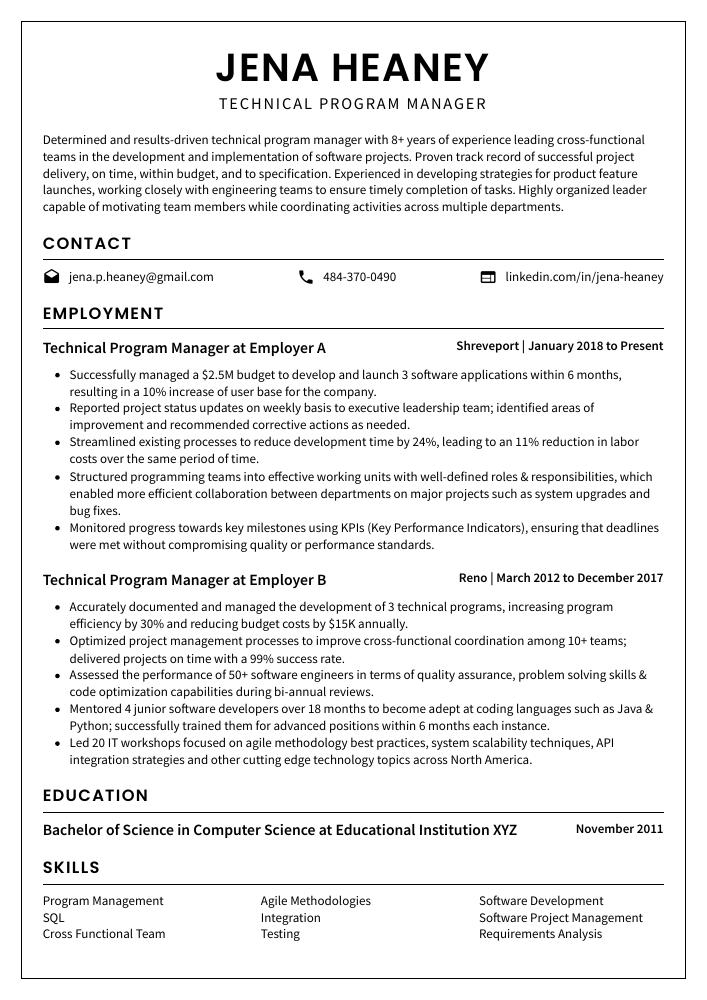 Technical Program Manager Resume (CV) Example and Writing Guide