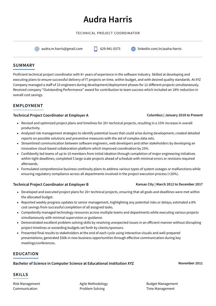 Technical Project Coordinator Resume