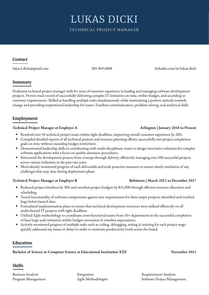 Technical Project Manager Resume