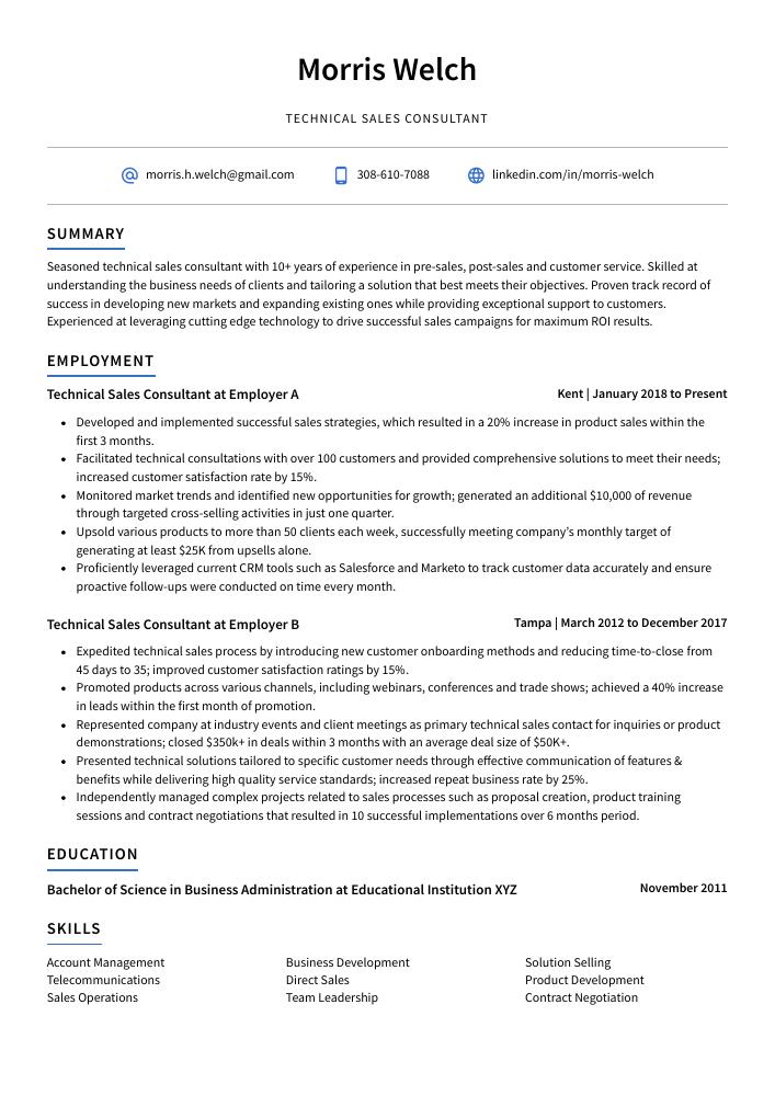 Technical Sales Consultant Resume